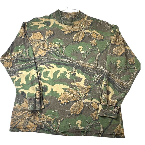 VTG USA PK Clothing Co Mossy Oak Mock Neck Shirt L Woodland Plus Camo Hunting - Picture 1 of 15